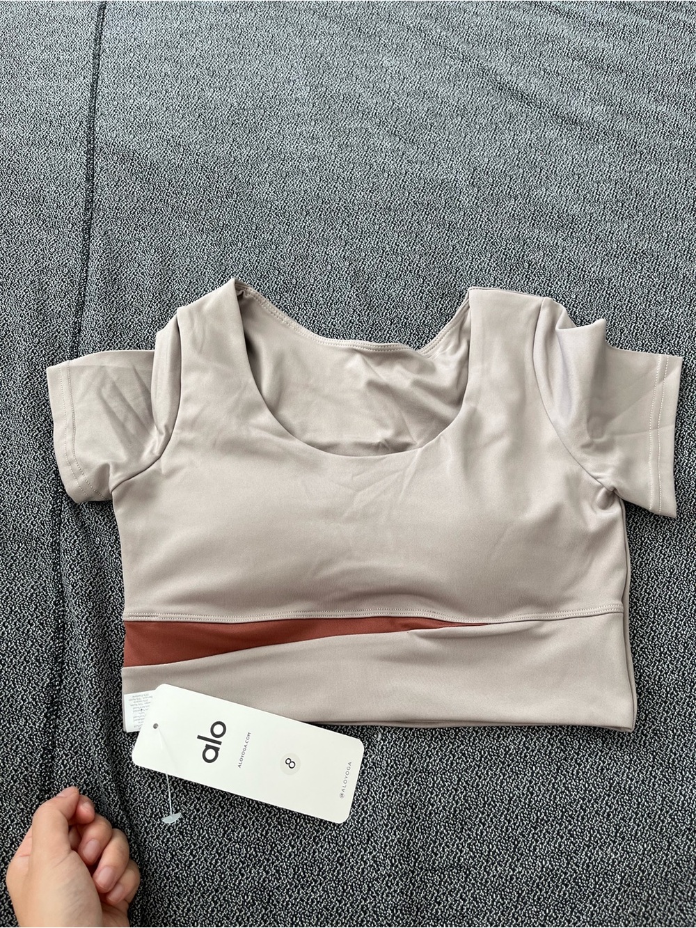 ALO Yoga Women's Light Beige Crop Top with Rust Accent